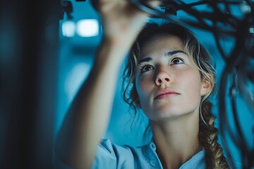 Woman it engineer connecting network cables in server room