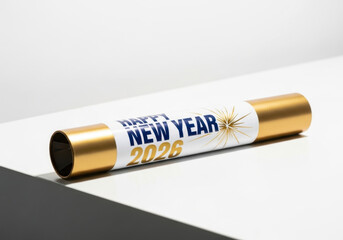 Festive New Year 2026 Celebration Gold Cracker on White Surface