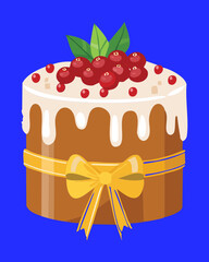 Festive Christmas Layer Cake with White Icing, Drizzled Glaze, Red Berries, and a Golden Bow - Vector Illustration