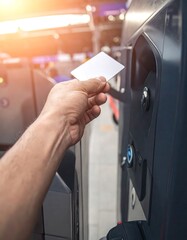 A hand inserting a white card into a gray transit turnstile at a bright station, slightly blurred background