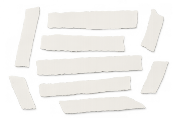 Torn paper pieces and adhesive tape strips creating a distressed mood element. Rough edges with transparent background