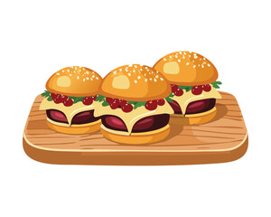 Stack of Three Mini-Cheeseburgers or Sliders with Fresh Toppings on a Wooden Platter for a Party - Vector Illustration