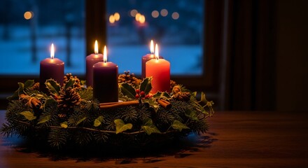 Advent Wreath Candles Lit for First Sunday of Advent Celebration & Christmas Tradition