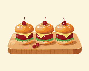 Group of Mini-Burgers or Sliders with Cheese and Tomato, Served on a Wooden Cutting Board - Vector Illustration
