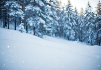 Naklejka premium Snowy Winter Landscape with Blurred Forest Background and Copy Space for Christmas Design