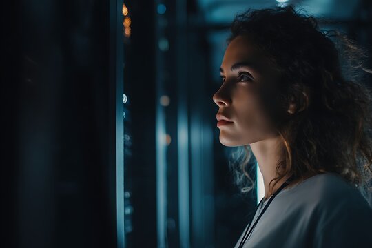 Woman working in a secure data center environment