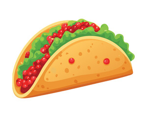 Classic Hard Shell Taco Filled with Ground Meat, Lettuce, Tomato, and Shredded Cheese for a Quick Meal - Vector Illustration