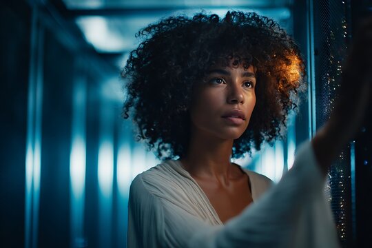 Woman interacting with server rack in data center