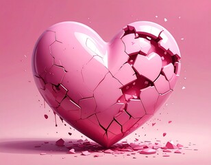 A pink heart, fractured and crumbling, stands out against a soft, lighter pink backdrop, symbolizing fragility