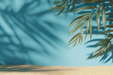 Gold Palm Fronds Against Turquoise Background With Sand Texture And Palm Shadow