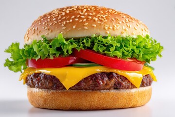 Juicy Hamburger with Sesame Bun Lettuce Tomato Cheese and Beef Patty on White Background in Studio Lighting
