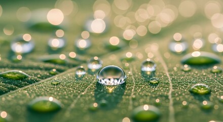 Macro close-up of spherical water droplets resting on the fuzzy surface of a green leaf with bright bokeh highlights.