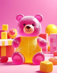 A pink gummy bear sits in front of pink background with assorted square, rectangular, round and fruit candy scattered