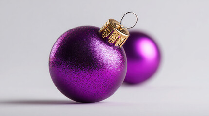 Vibrant purple Christmas ornaments with shiny finish and gold caps are displayed against soft gray background, creating festive and elegant holiday atmosphere