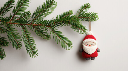 cute Santa Claus ornament hangs from green pine branch, symbolizing festive holiday cheer and Christmas decoration. simple white background enhances vibrant colors of ornament and branch