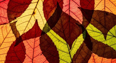 Abstract close-up of overlapping, translucent autumn leaves in red, yellow, and deep green, backlit to highlight veins.