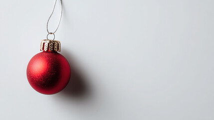 single red Christmas ornament with metallic cap and string casts shadow on plain white background, creating minimalist and festive scene