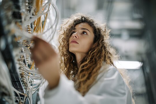 Woman it technician checking server connection cables in data center
