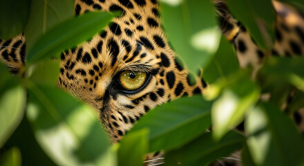 Obraz premium Intense golden eye of a leopard staring through lush green foliage, a captivating glimpse of wild beauty and raw power in the jungle
