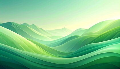 A serene landscape, with rolling stylized hills in various shades of green, bathed in soft, diffused light, evoking peace and calm