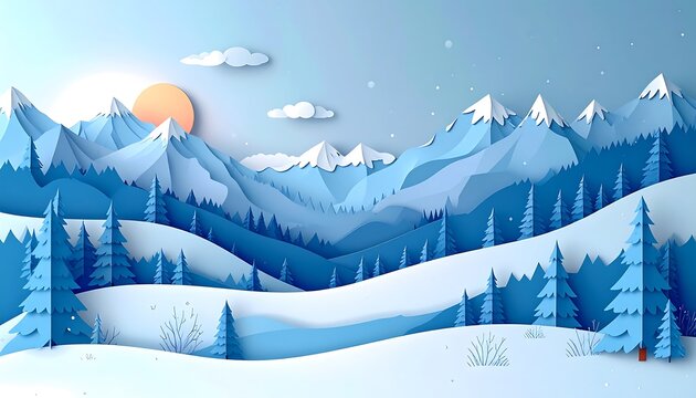 A serene paper-cut landscape. Snow-capped mountains recede toward a setting sun, framed by layered, stylized trees and clouds. The cool color palette evokes winter