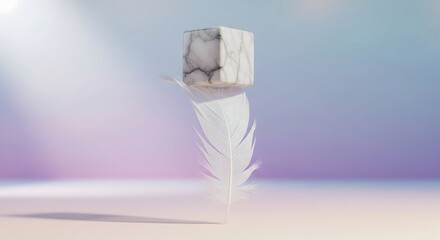 White marble cube balanced on a large, upright white feather with a soft pastel blue and purple gradient background.