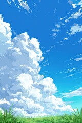 Pixelated Cloudscape Above Green Field Bright Blue Sky During Daytime
