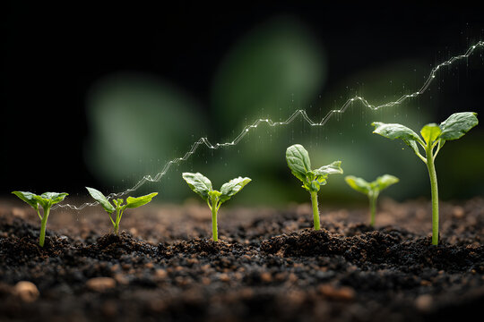 Seedlings Showing Growth Stages and a Graph Depicting Financial Growth on a Dark Background Symbolizing Business Success - Powered by Adobe