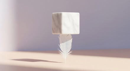 White marble cube resting in equilibrium on a single white feather against a soft beige and light pink gradient background.