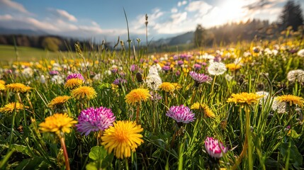 Radiant Meadow Filled with Colorful Flowers Under a Sunny Blue Sky with Lush Green Trees in Background During Daylight Hours