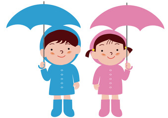 傘をさすレインコートの男の子と女の子
