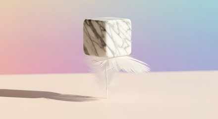 White marble cube balanced precariously on a single white feather, set against a colorful pastel gradient background.