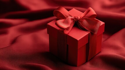 Red Gift Box with Ribbon on a Red Fabric Backdrop with Selective Focus Lighting