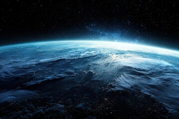 Satellite View of Blue and White Earth with City Lights and Starry Background Space