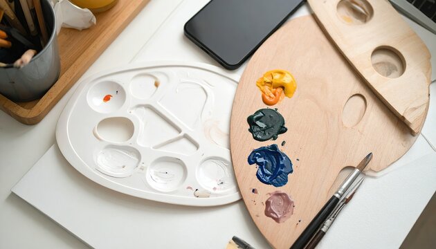 Wooden and plastic paint palettes with colorful paint blobs artist brushes and a smartphone on a white surface