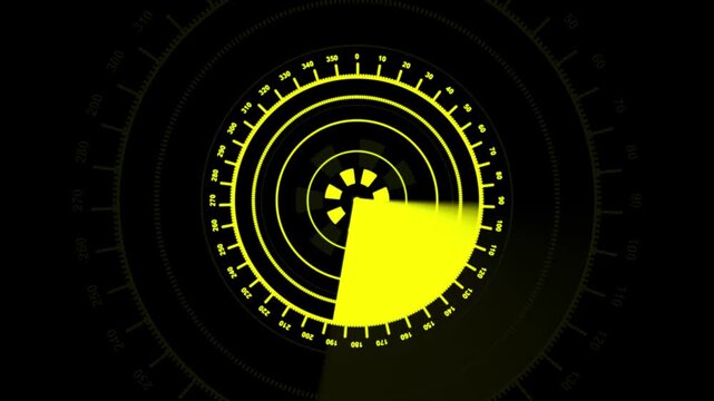 Yellow Radar Interface With Abstract Circular Patterns And Degree Markings display technology animation. Futuristic yellow radar interface shows moving circular patterns with degree markings.
