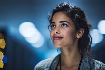 Young woman smiling, looking up, dreaming of future