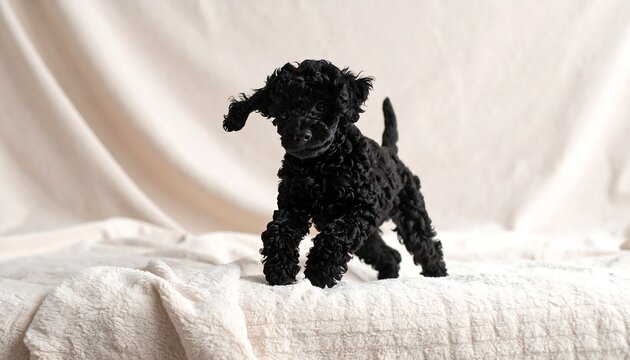 A small, black, curly-haired puppy stands on a cream-colored, textured surface. The background is a similar tone
