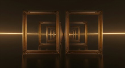 Two ornate gold picture frames creating an infinite, dark, reflective tunnel with a bright, horizontal gold light beam.