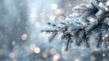 Snow Covered Pine Branch with Bokeh Background and Sparkling Lights with Blue and White Color Tones