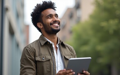 Portrait of a young confident smiling indian man holding a tablet and looking into the distance. High quality