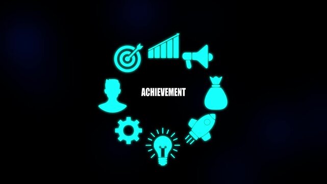 Cyan Icons Arranged in Circle Around The Word Achievement On Dark Blue Background With Subtle Light Effects