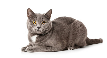 Adorable grey cat lying down with bright yellow eyes staring intently posing on white background perfect for pet lovers and animal enthusiasts