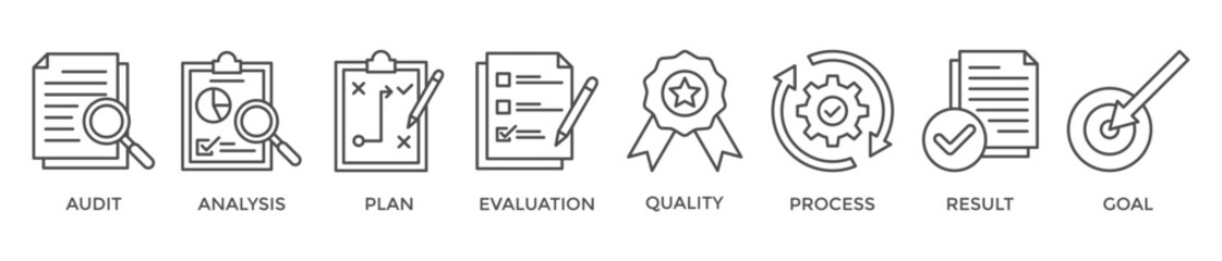 Assessment banner web icon vector illustration for accreditation and evaluation method on business and education with audit, analysis, plan, evaluation, quality, process, results and goal icon