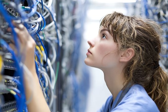 Woman it technician working on server network cables