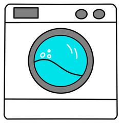 Cute Cartoon Washing Machine Illustration with Water and Bubbles
