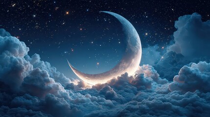 Pixelated Crescent Moon Above Cloudy Night Sky with Illuminated Stars