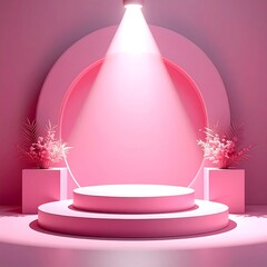 A pink-hued stage with a cylindrical podium under a spotlight, flanked by cube stands with floral arrangements