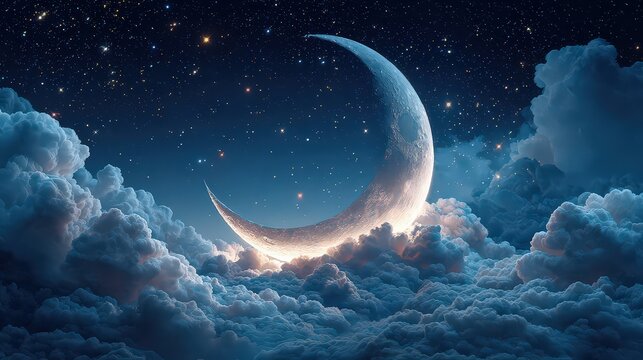 Pixelated Crescent Moon Above Cloudy Night Sky with Illuminated Stars - Powered by Adobe