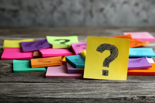 Question Mark Symbol on Golden Note with Stacked Colorful Sticky Notes on Rustic Wooden Surface